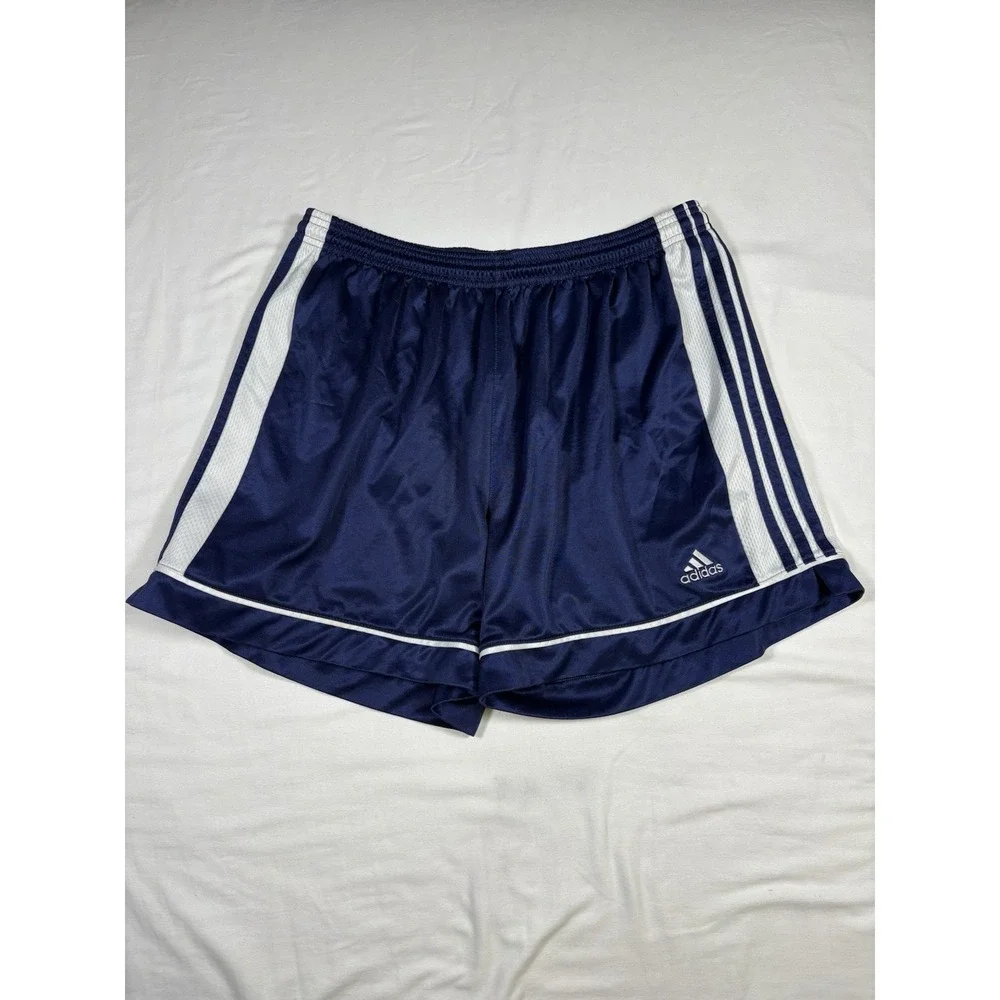 Vtg 90s Adidas Soccer Shorts Mens XL Navy Blue Shiny Polyester Mesh Made In USA